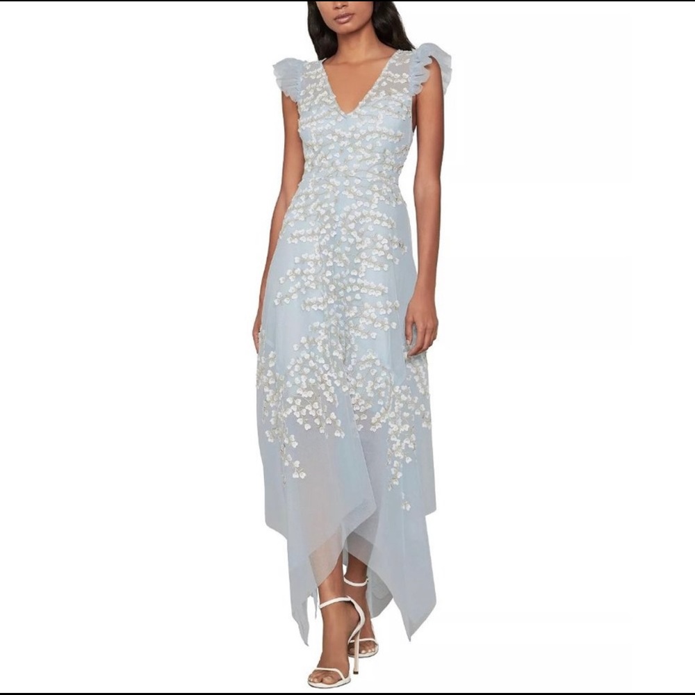 BCBGMAXAZRIA Embroidered Tulle Flutter Sleeve Gown